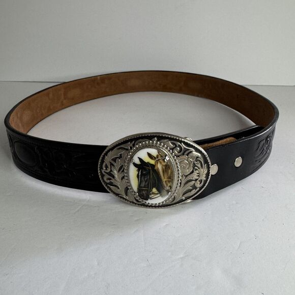 Vintage Looper Belt Embossed Black Horse Hook Hinge Cabochon Western Cowboy 38